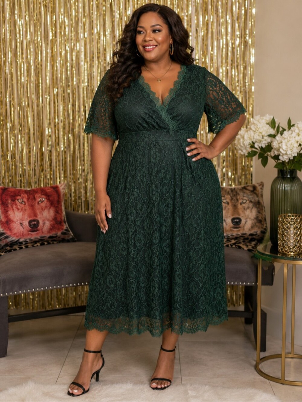 Forest Green Lace Midi Dress with V-Neck By Pinup Fashion, Size 20W